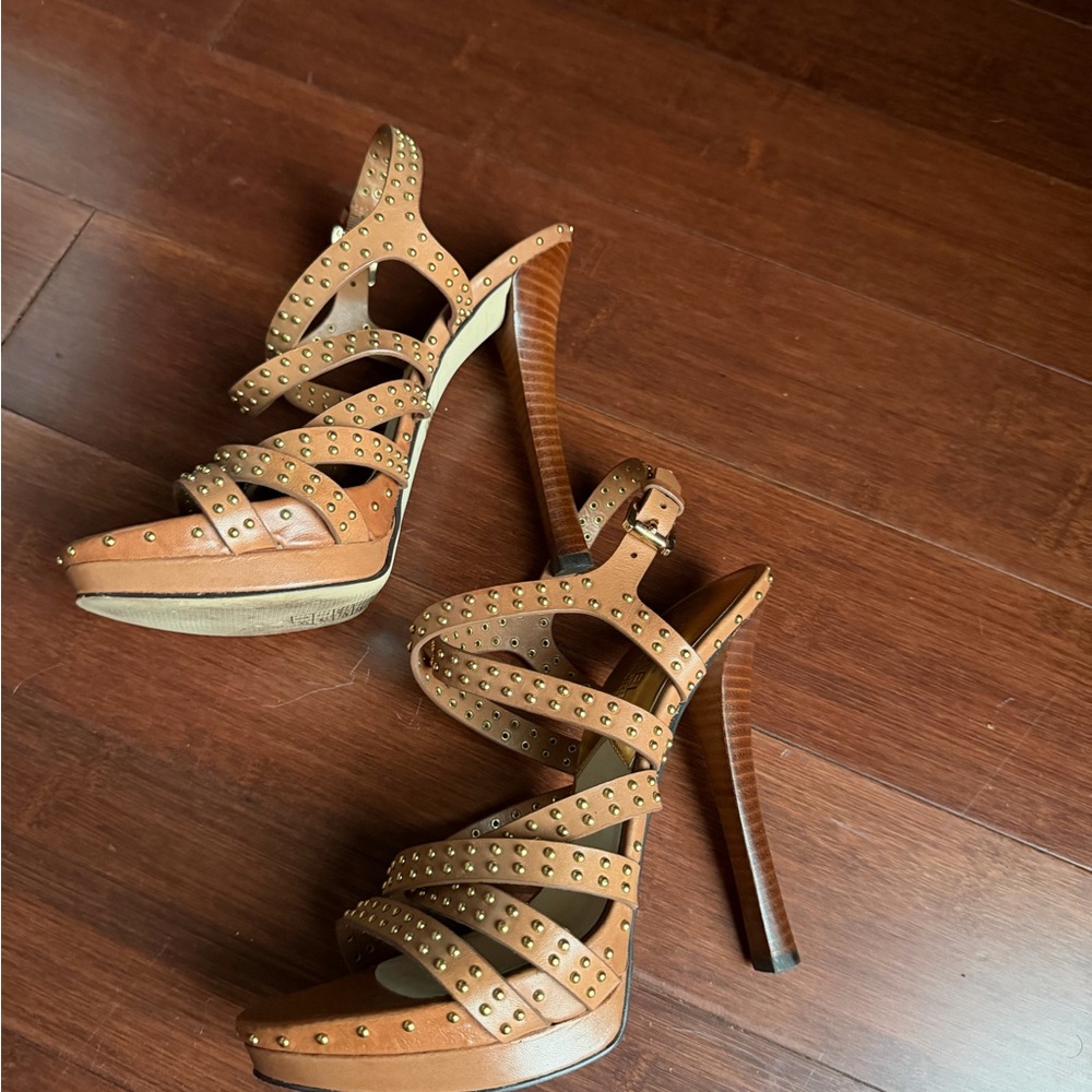 Michael Kors Studded Tan Strappy High Heel Sandals - Picture 2 of 7
